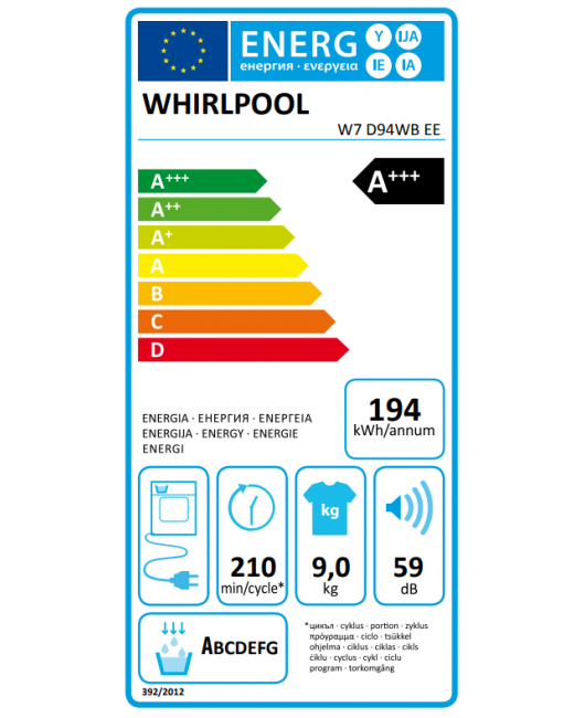 Uscator de rufe cu condensator si pompa de caldura Whirlpool W7 D94WB EE