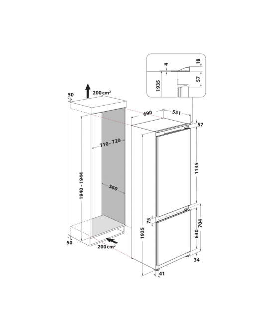 Combina frigorifica incorporabila 70 cm latime, 400 litri, Whirlpool WH SP70 T241 P