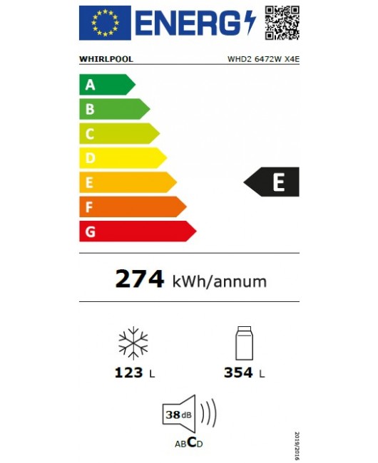 Frigider cu doua usi Full No Frost Whirlpool WHD2 6472W X4E, motor inverter, dozator apa