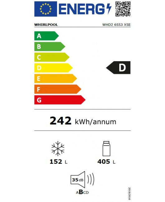 Frigider cu doua usi Full No Frost Whirlpool WHD2 6553 X5E, motor inverter, latime 78 cm