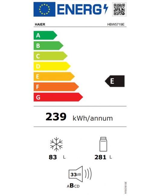 Combina frigorifica incorporabila Haier HBW5719E, 70 cm latime, No Frost, 364 litri, 194 cm inaltime